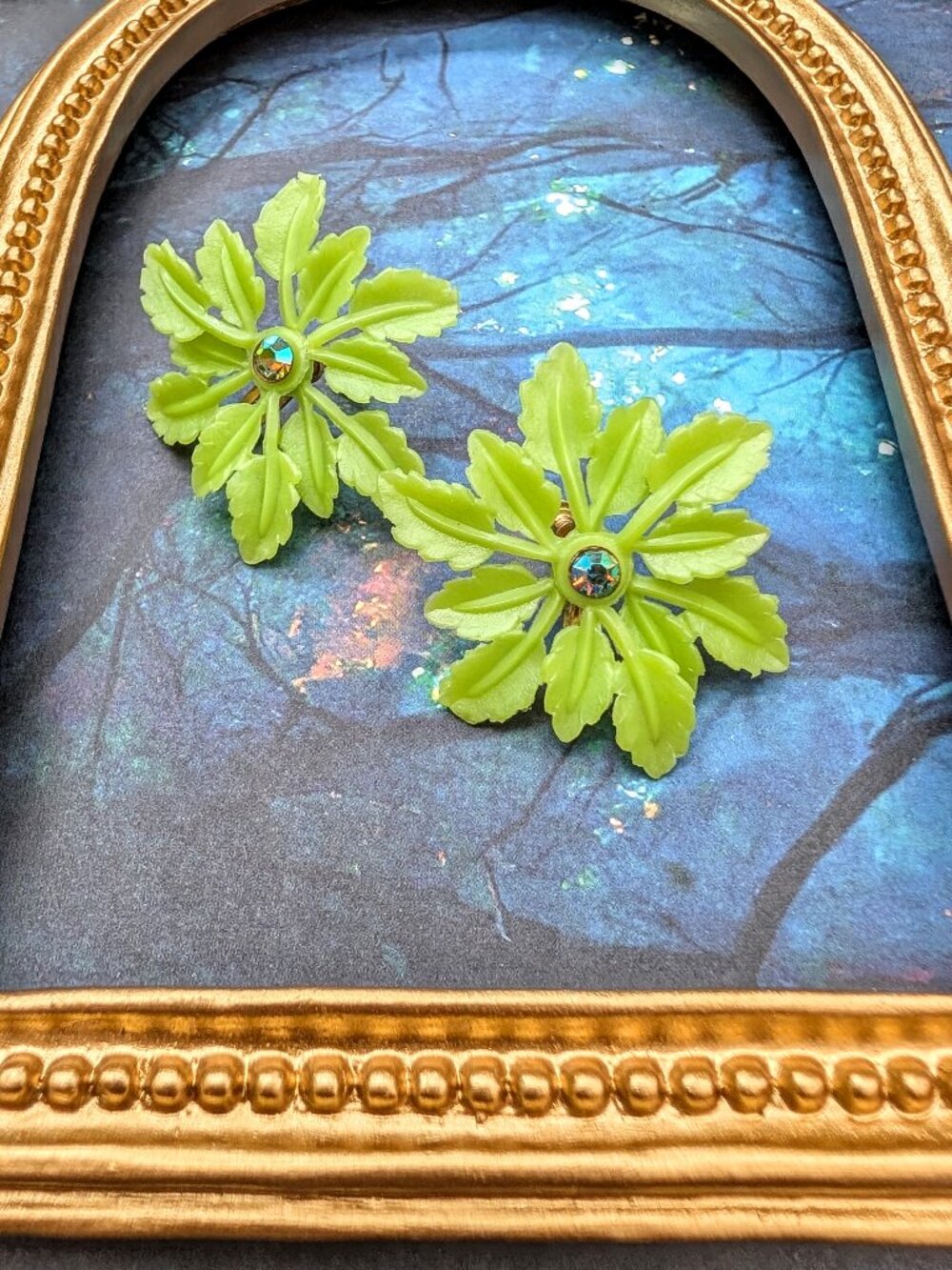 1940's Green Plastic Flower Earrings with Aurora Borealis Rhinestones, Screwback